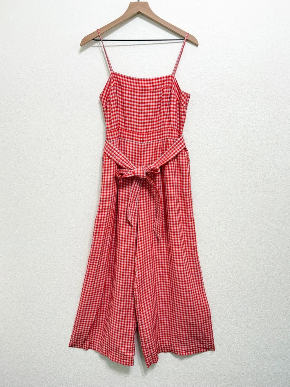 J. Crew Linen Gingham Print Tie Waist Wide Leg Spaghetti Strap Jumpsuit 8